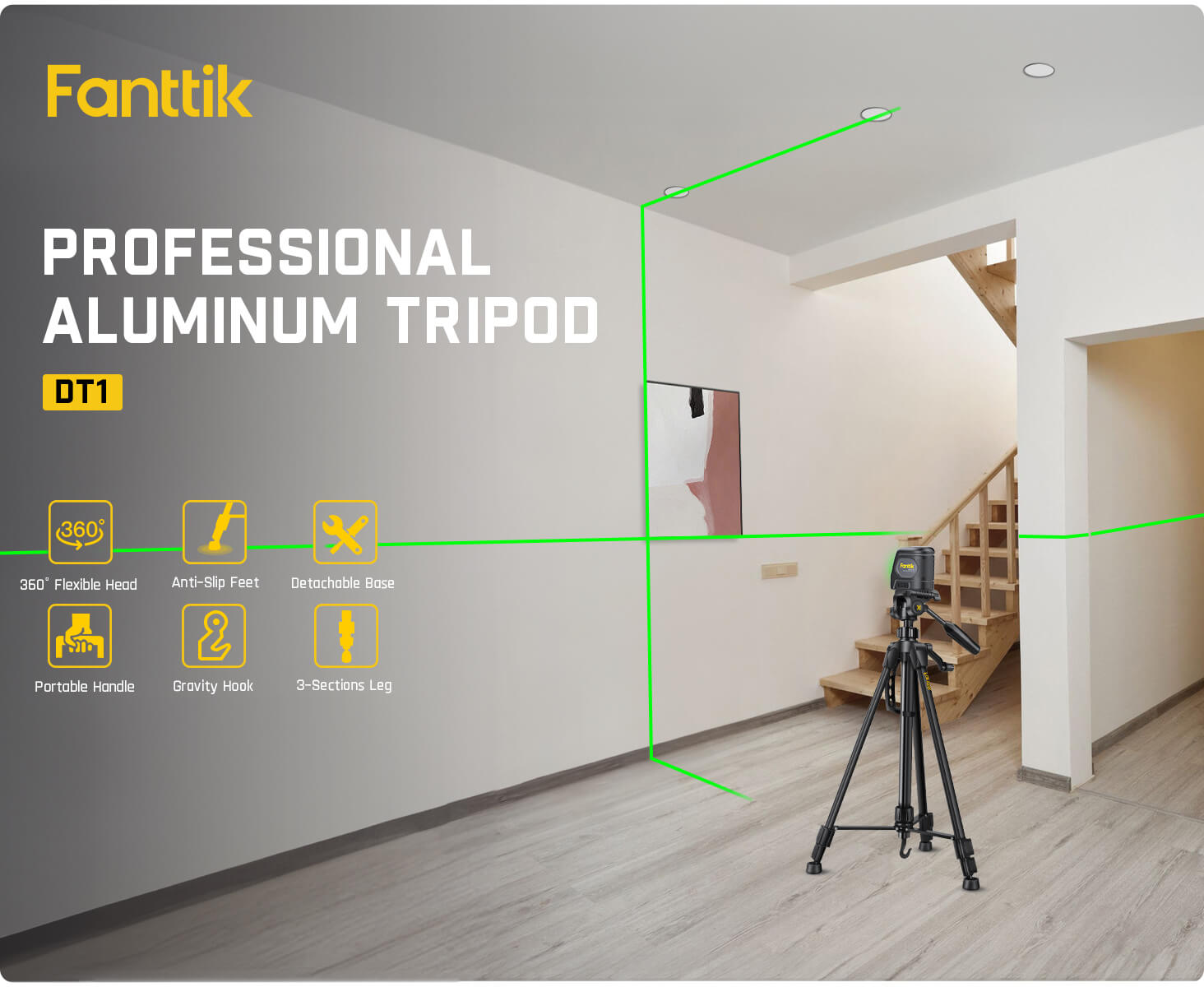 Fanttik DT1 Tripod, Laser Level Tripod with 3-Way Flexible Pan Head, Quick Release Plate with 1/4"-20 Screw Mount and Bubble Level, for Measurement Tools and Cameras