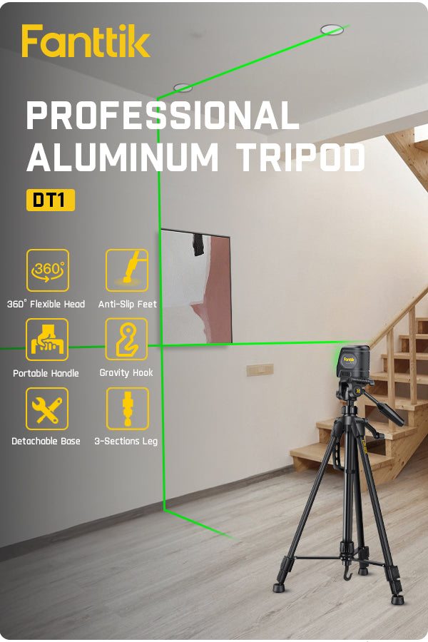 Fanttik DT1 Tripod, Laser Level Tripod with 3-Way Flexible Pan Head, Quick Release Plate with 1/4"-20 Screw Mount and Bubble Level, for Measurement Tools and Cameras