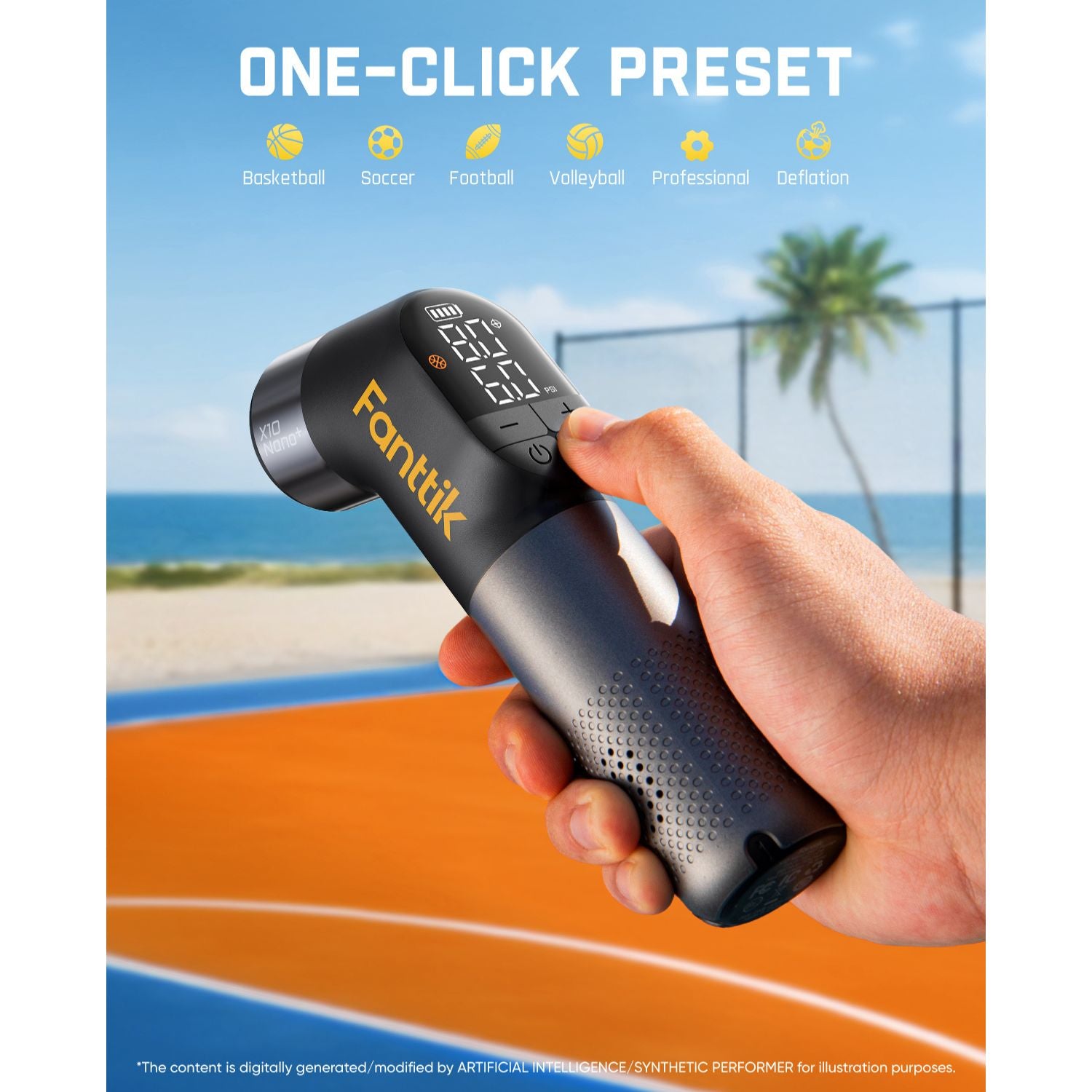 A hand holds a Fantik X10 Nano Electric Ball Pump, with the tagline: "one-click preset".