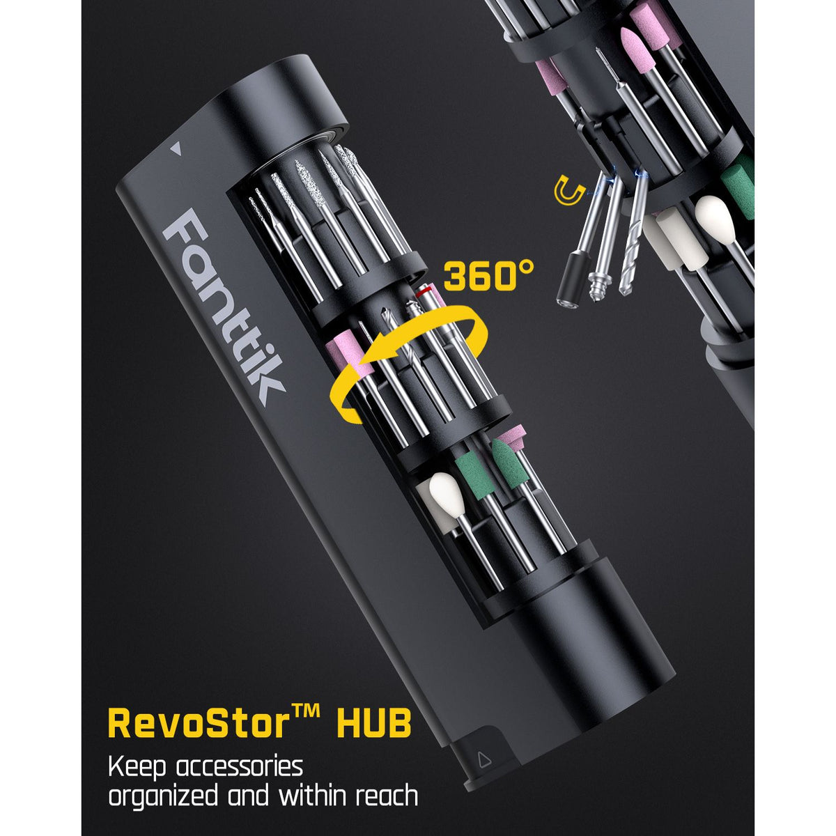 Black Fanttik RevoStor HUB ratory organizer shown on a dark background, with several screwdriver bits arranged inside and a yellow '360°' graphic indicating rotation. Text at the bottom reads 'RevoStor HUB Keep accessories organized and within reach.