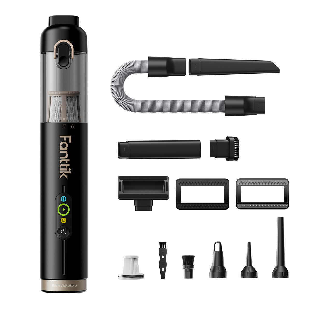 Black Fanttik Slim V10 Ultra Cordless Car Vacuum handheld vacuum cleaner with various attachments on a white background