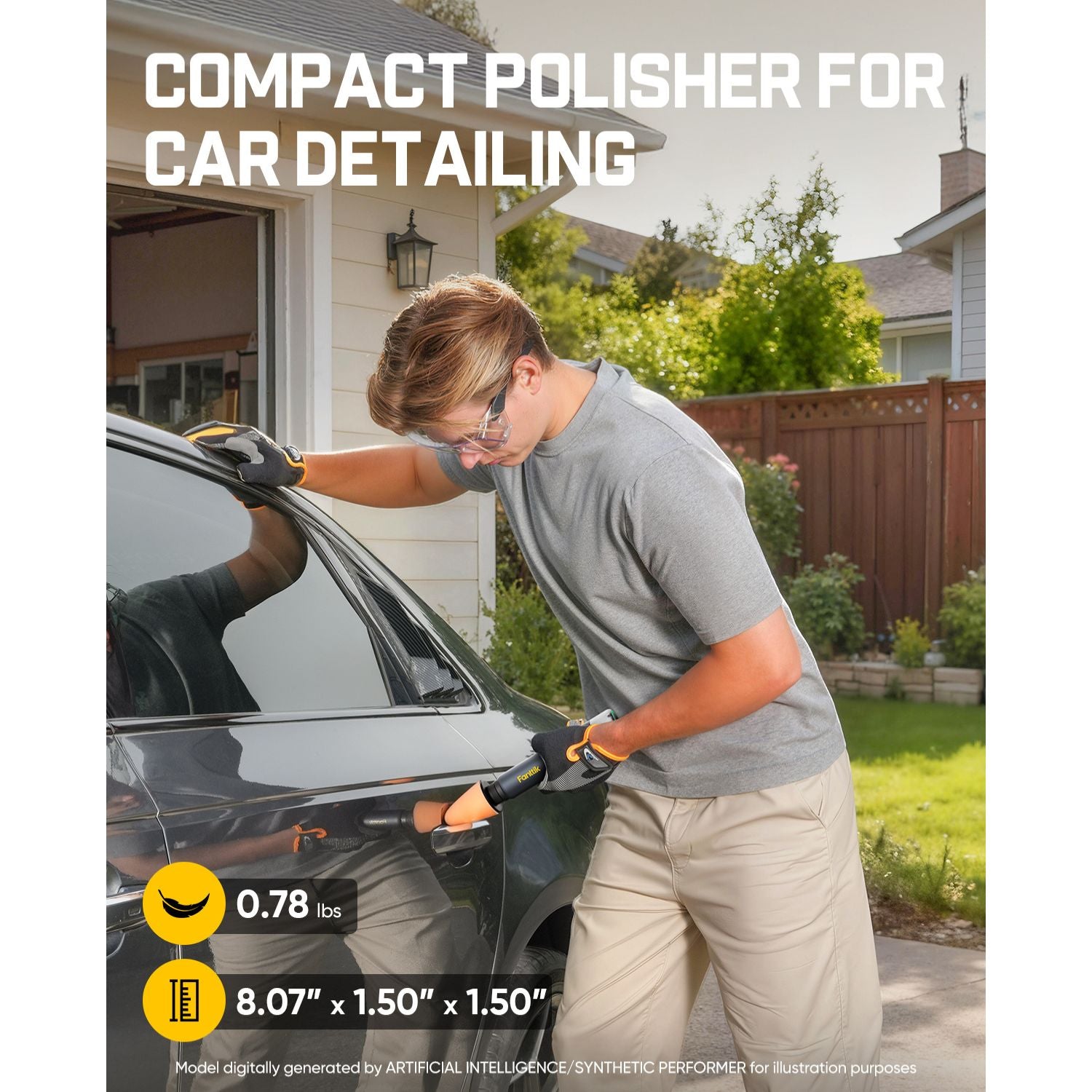 Person using a Fanttik P10 Pro Mini Car Buffer Polisher on a car with text 'Compact Polisher for Car Detailing' above.