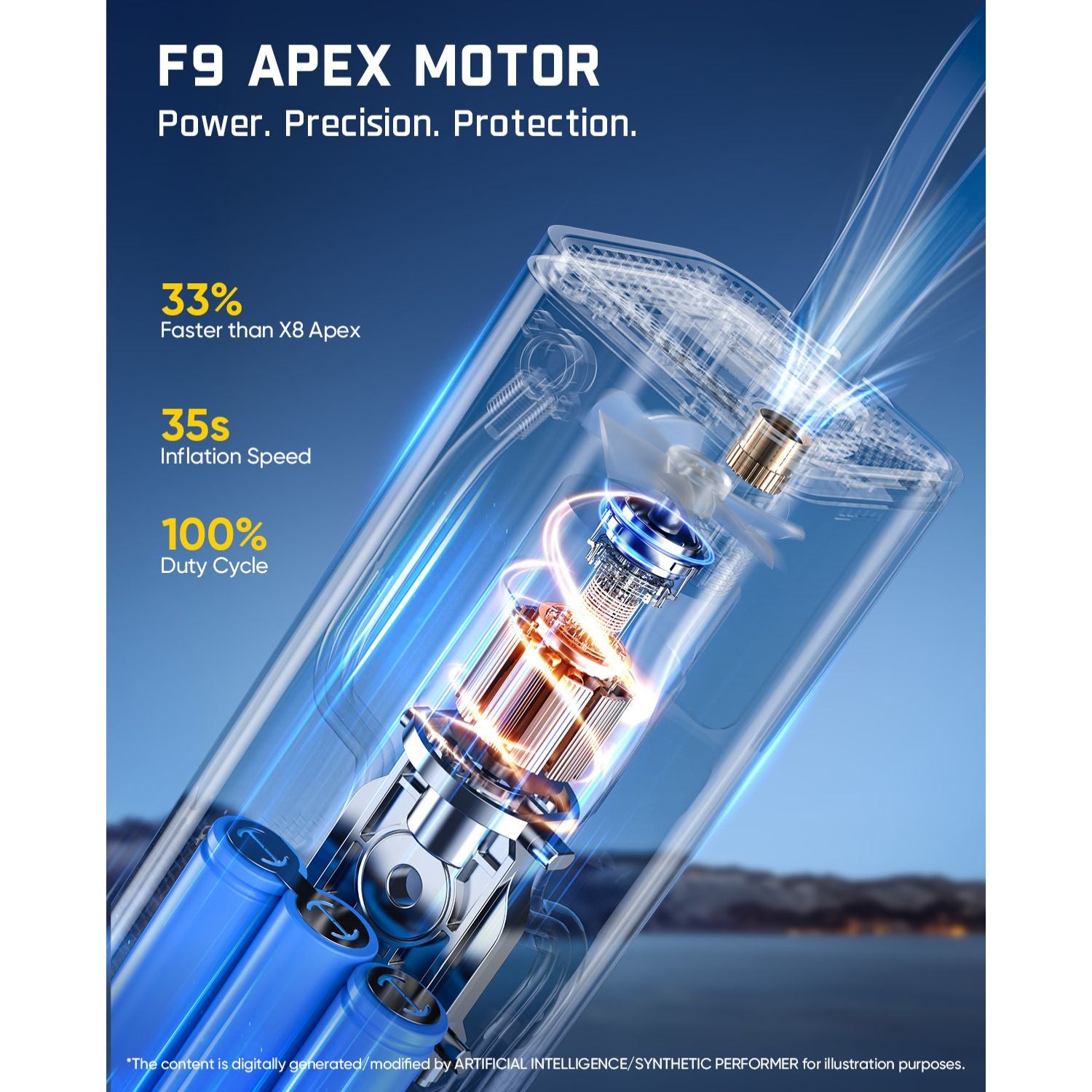 Promotional graphic for an F9 Apex motor, showing a transparent cylindrical component with internal mechanical parts and glowing blue and orange light effects on a dark blue background. Text highlights 'Power.
