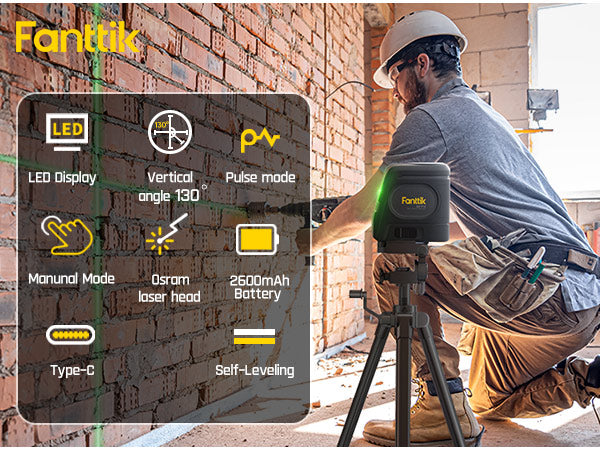 Fanttik D2 PRO Laser Level, Self-leveling Laser Level with LED Screen, 200ft Outdoor Green Cross Line, 130° Vertical Beam Spread Cover, 2600mAh Built-in Rechargeable Battery, 360° Magnetic Base