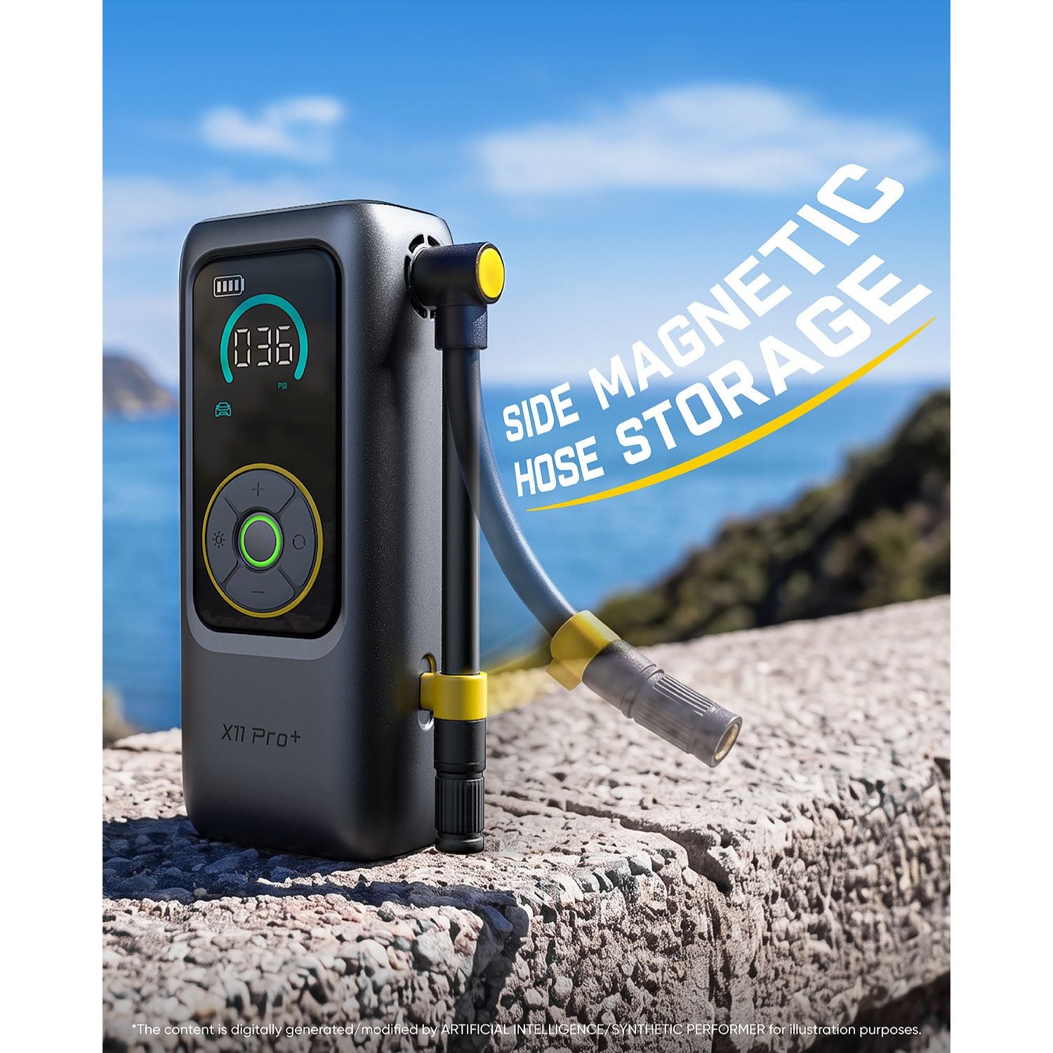 A portable electric tire pump with a digital display and hose attachment, shown outdoors on a stone surface with a blue ocean and sky background. Large text reads 'SIDE MAGNETIC HOSE STORAGE' and the product name 'X11 Pro+' is visible on the device.