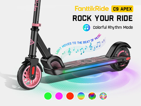 FanttikRide C9 Apex Electric Scooter for Kids Ages 8-12, Bluetooth Music Speaker, Colorful Rainbow Lights, 5/8/10MPH, 5 Miles Range, Adjustable Height, Foldable, Gift for Teens up to 132 lbs, Pink