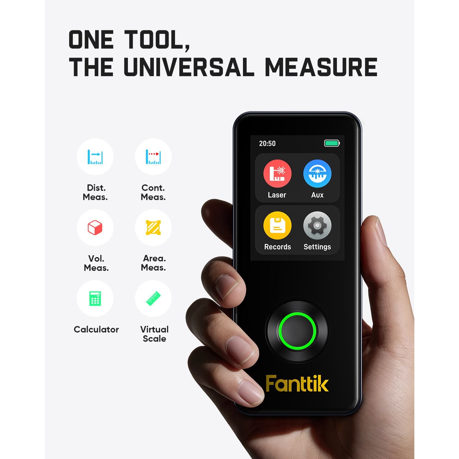 Hand holding a Fanttik Neo A11 Pro Laser Measuring Tool with various measurement functions displayed, branded as Fantik.