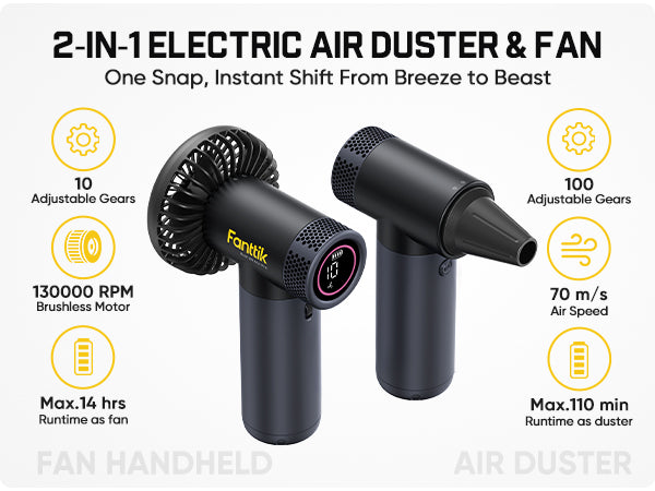 2-in-1 electric air duster and fan with features highlighted on a white background