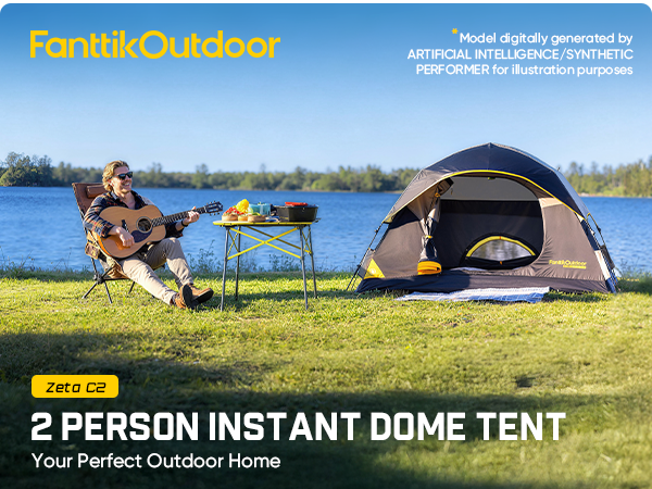 Person playing guitar by a tent by a lake, with 'FanttikOutdoor' branding.