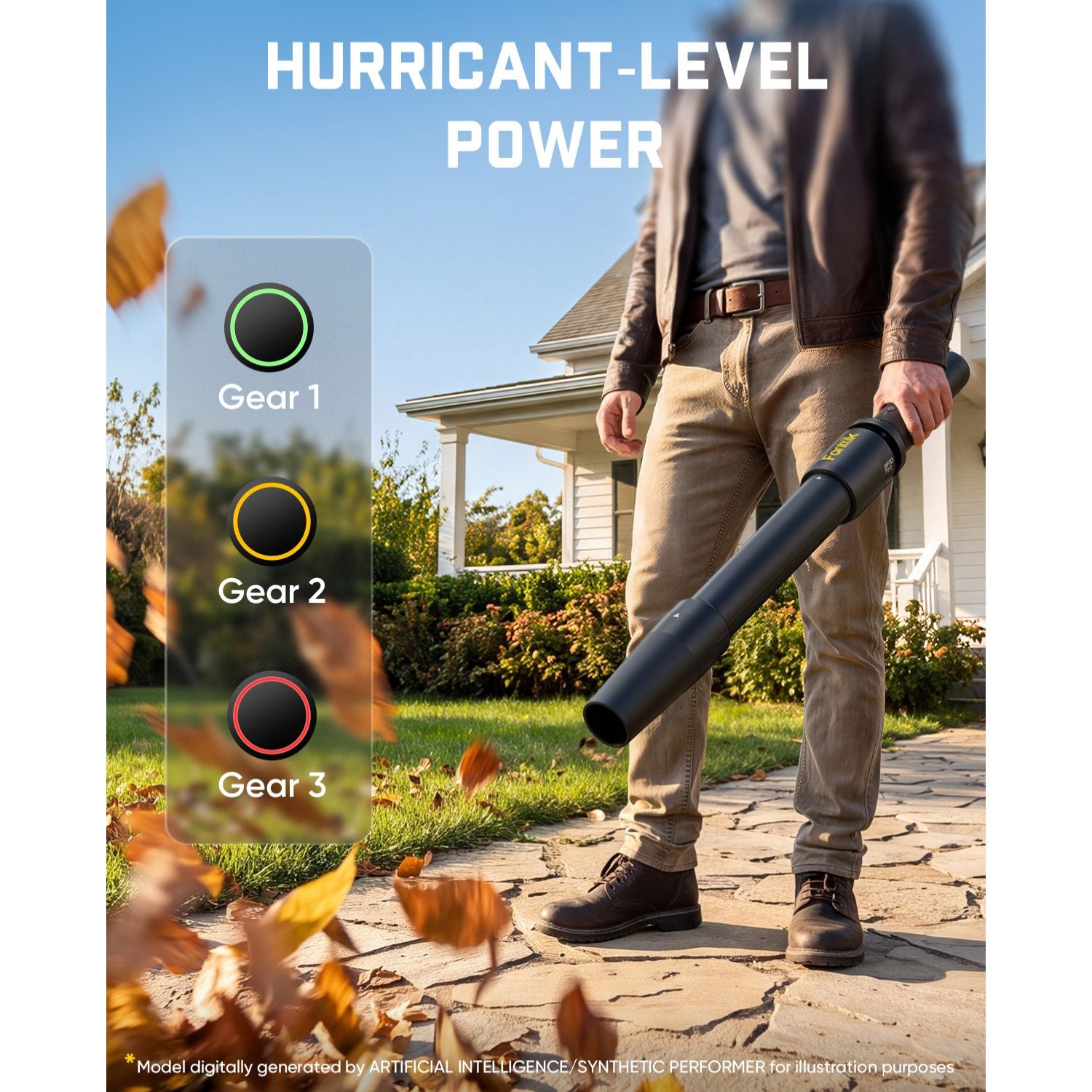 A man standing on a stone walkway in front of a house holds a Fanttik BF10 Pro Cordless Leaf Blower. The image includes the text 'HURRICANT-LEVEL POWER' and a vertical panel showing three gear settings labeled Gear 1, Gear 2, and Gear 3.