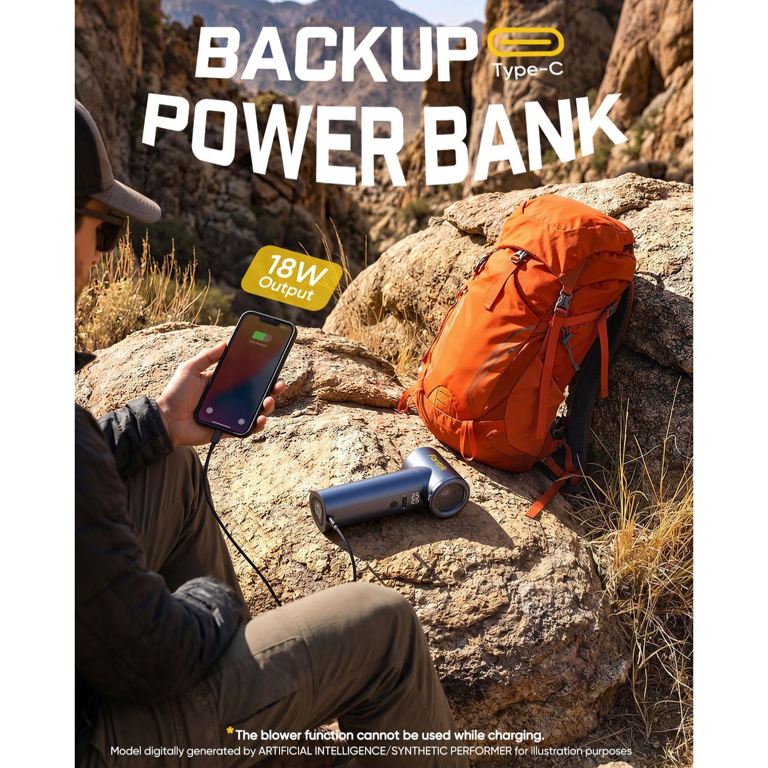 Person using a power bank in a desert setting with an orange backpack and a blower on a rock.