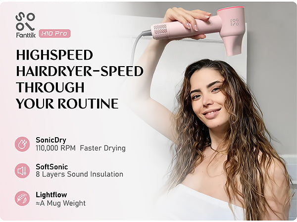 Fanttik Solo SonicDry H10 PRO 5X Faster Drying with 110,000 RPM Brushless Motor Hair Dryer, 56dB Low-Noise, 0.72lb Ultra-Light Blow Dryer, Ionic Tech for Travel, Home, Salon
