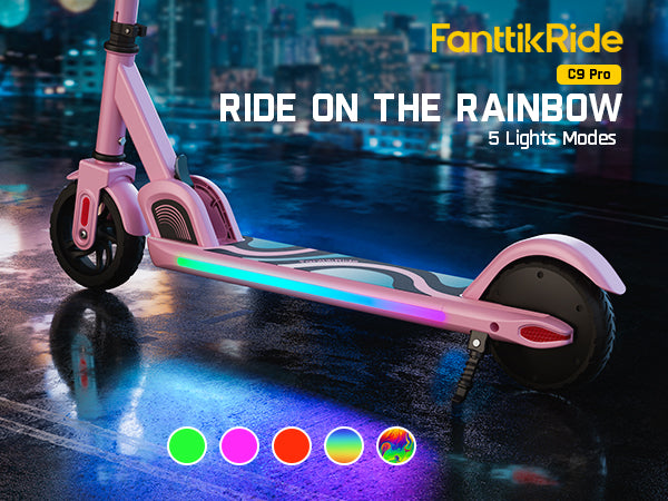 FanttikRide C9 Pro Electric Scooter for Kids Ages 8-12, Colorful Rainbow Lights, 5/8/10MPH, 5 Miles Range, LED Display, Adjustable Height, Foldable, Gifts for Boys and Girls up to 132 lbs