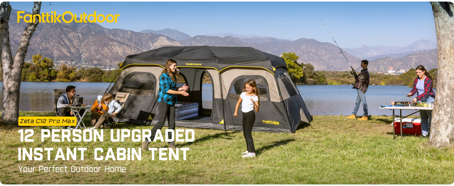 FanttikOutdoor Instant Cabin Tent 12 Person Camping Tent Setup in 90 Seconds with Rainfly & Windproof Portable with Carry Bag for Family Camping & Hiking, Upgraded Ventilation