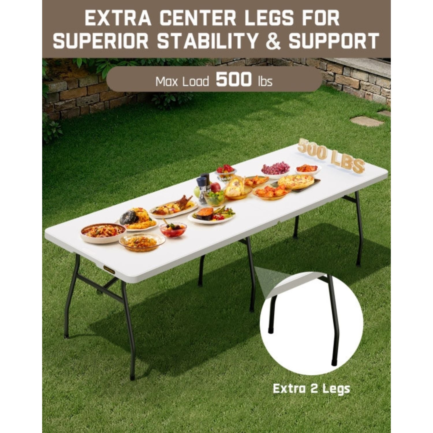 FanttikOutdoor X8 Pro 8ft Folding Table with Six Legs, 500 LBS Heavy Duty Plastic Fold-in-Half Table, Foldable Table w/Handle for Indoor Outdoor Party Wedding Office Camping Banquet