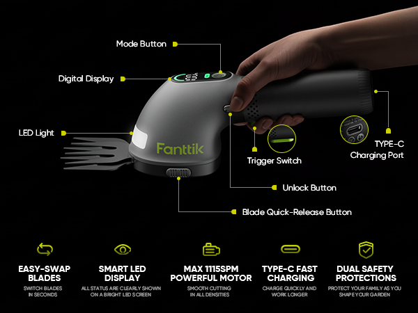 Fanttik Z10 Pro Cordless Hedge Trimmer, 6” Shurbbery Trimmer & 3.5” Grass Shear, Dual-Mode with Battery Display, Type-C Fast Charge, Two Blades for Yard, Garden, Lawn Care