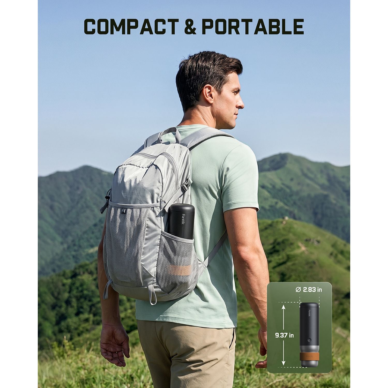 Man with a backpack and a Fanttik Cafein 11 Portable Coffee Machine, with mountains in the background
