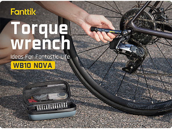 Person using a torque wrench on a bicycle with Fanttik branding and product name displayed.