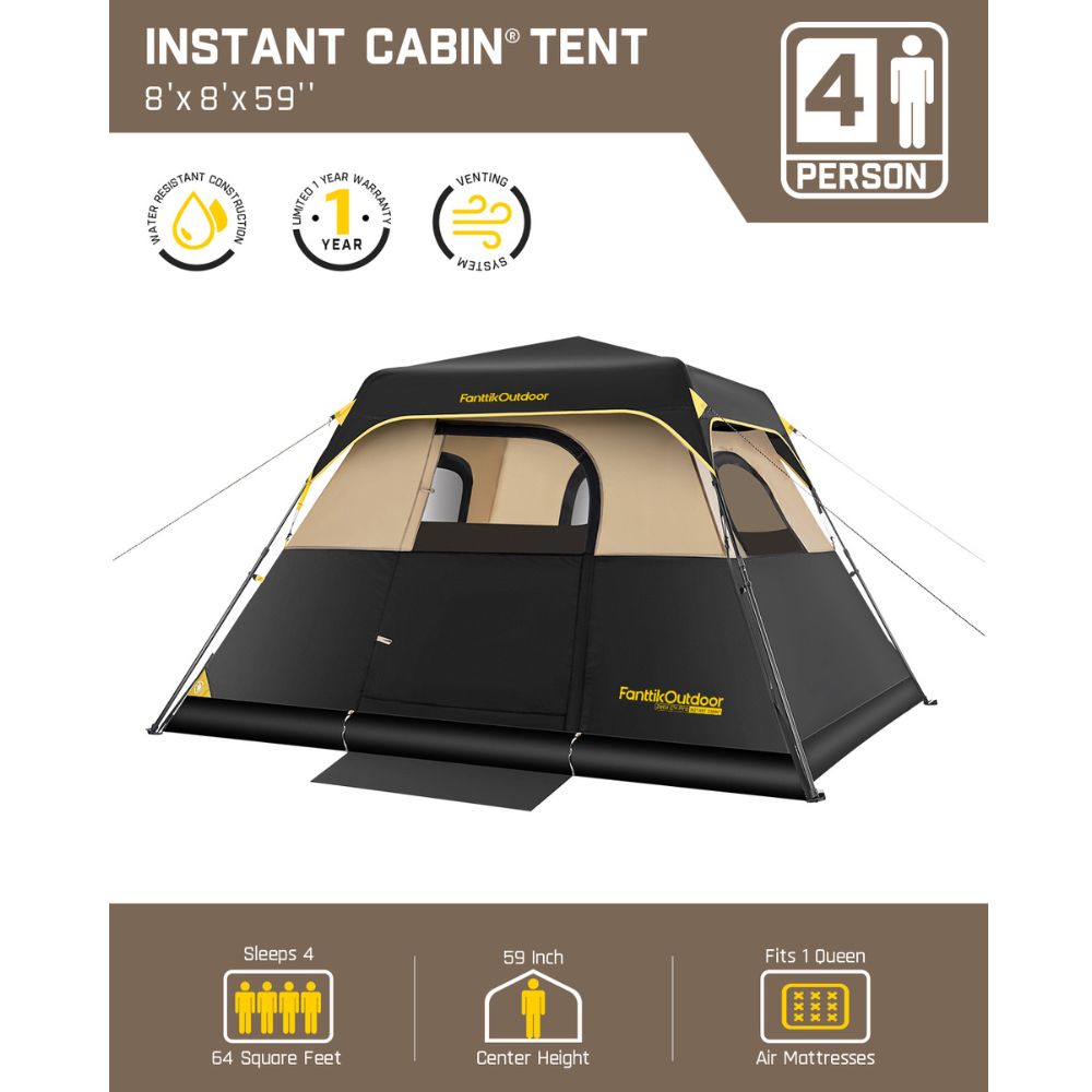 FanttikOutdoor Zeta C4 Pro 4 Person Camping Tent with 8x8x59-inch dimensions, water-resistant, one-year warranty, venting system, accommodates 4 people, fits one queen air mattress