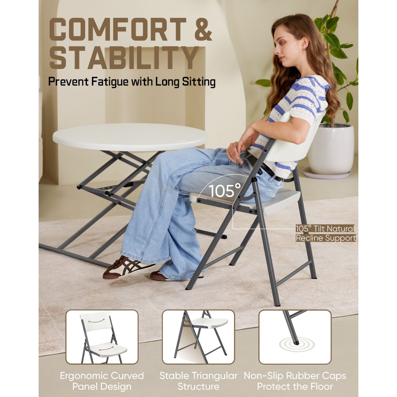 FanttikOutdoor Portable Plastic Folding Chair, Indoor Outdoor Comfortable Sturdy Office Seat with Steel Frame, 350 lbs Capacity for Home, Party, Wedding, Garden, Stadium, 4-Pack, White Zeta H8 Lite