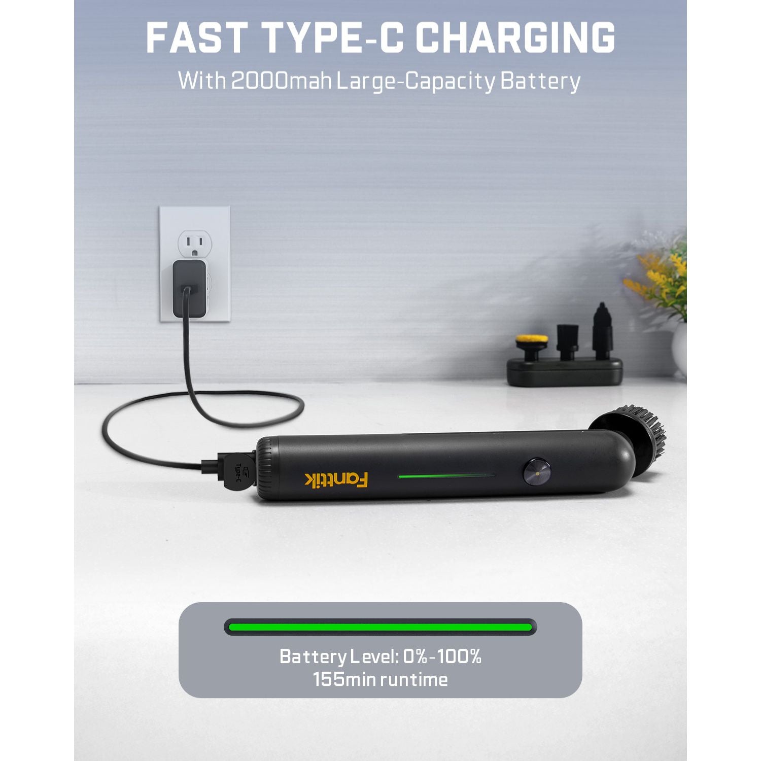 Fanttik G9 Nano electric spin scrubber charging with Type-C, showing 155min runtime and 2000mAh battery.