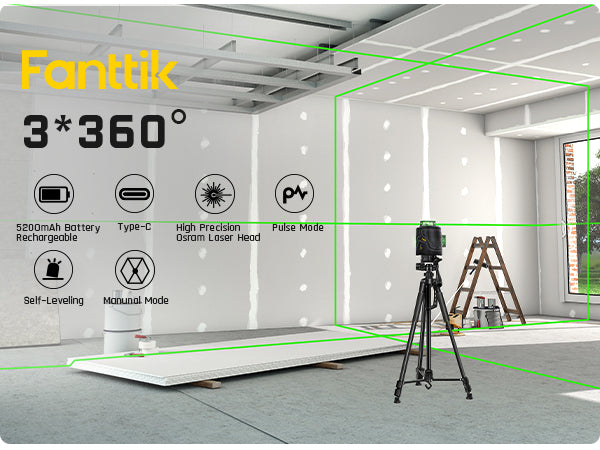 Fanttik D12 PLUS Laser Level 3×360°, Self-leveling Green Cross Line, 12 Lines for Construction and Picture Hanging, 5200mAh Battery Rechargeable, 200ft Outdoor Pulse Mode, Class II (<1 mW max output)