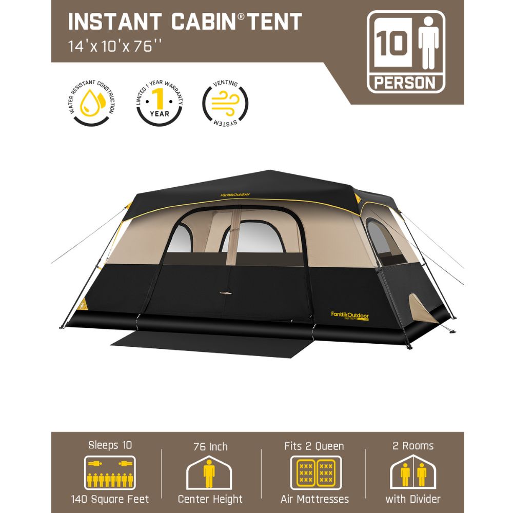 FanttikOutdoor Zeta C10 Pro Instant Cabin Tent 10 Person Camping Tent Setup in 60 Seconds with Rainfly & Windproof Tent with Carry Bag for Family Camping & Hiking, Upgraded Ventilation
