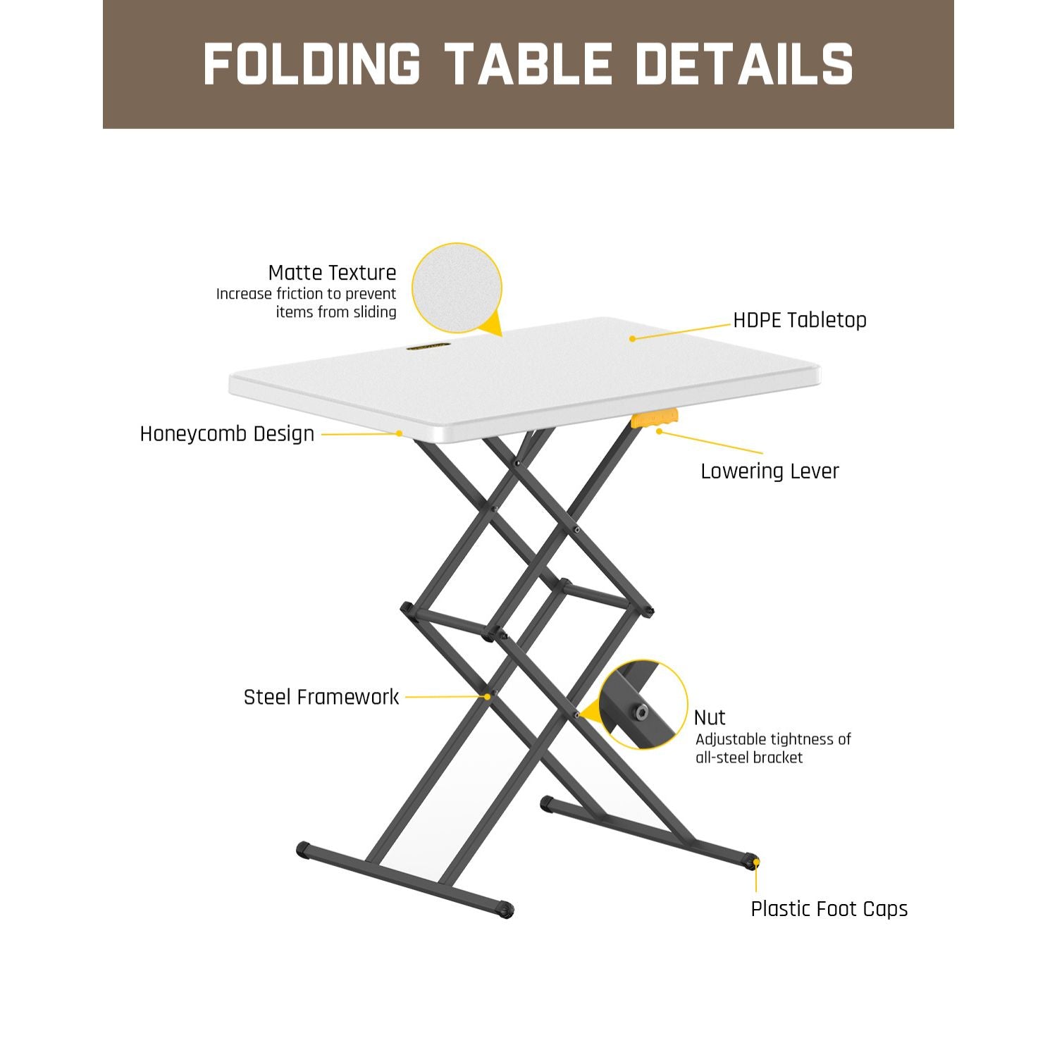 FanttikOutdoor 28 inch Small Folding Table, One-Handed Height Adjustment, 3 Heights, Lowering Lever, Instalift, Portable Side Table for Tv Tray, Desk, Kitchen, No Assembly, Granite White Zeta X1 Apex