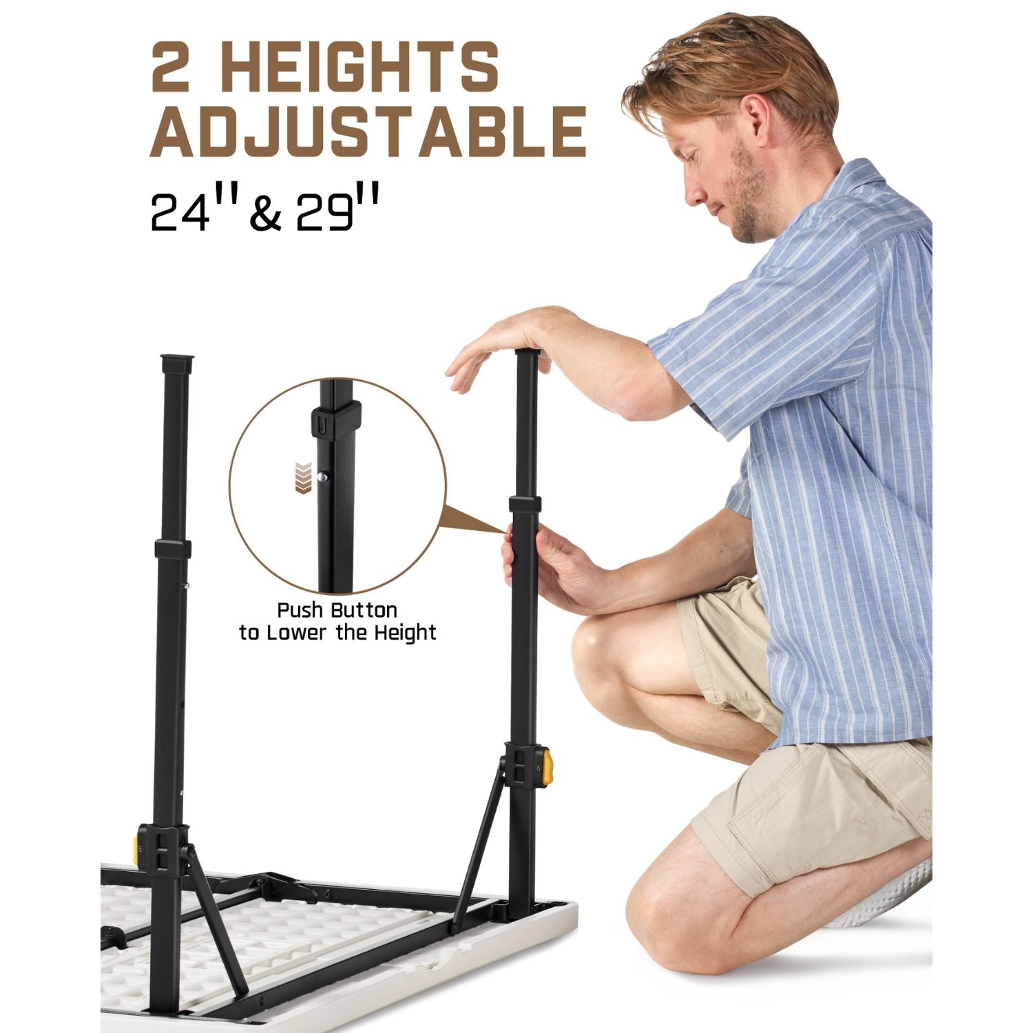 FanttikOutdoor 34" Square Folding Card Table, Two Heights Adjustable, Max Load 300 lbs, Portable Table with Lock Button, for Indoor/Outdoor, Home, Parties, Picnics, Puzzle