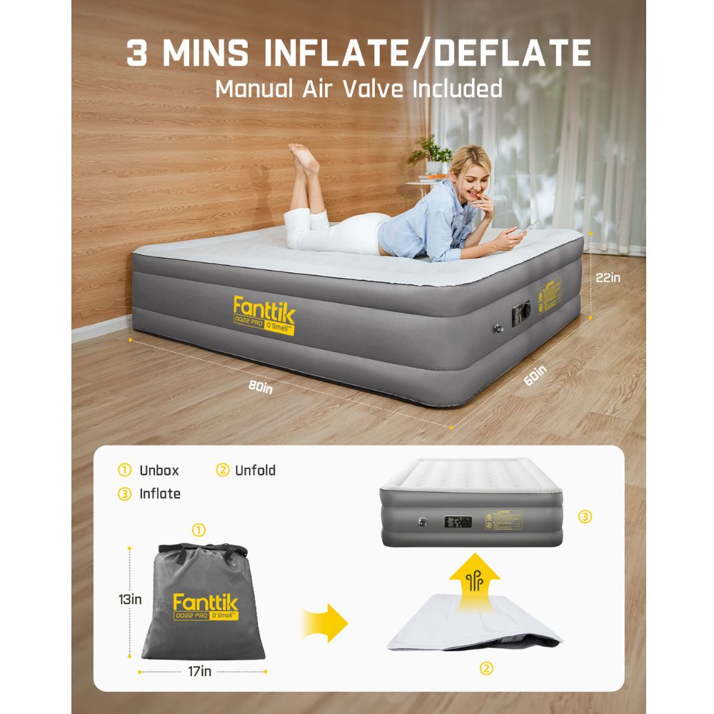 Fanttik OQ22 Pro Air Matress Queen with Built-in Pump, 22 Inches O'Smell™ PVC Air Mattress, One Button Inflation and Stop at Any Time, 720 LBS Support Airbed for Home,Outdoors,Sleepover