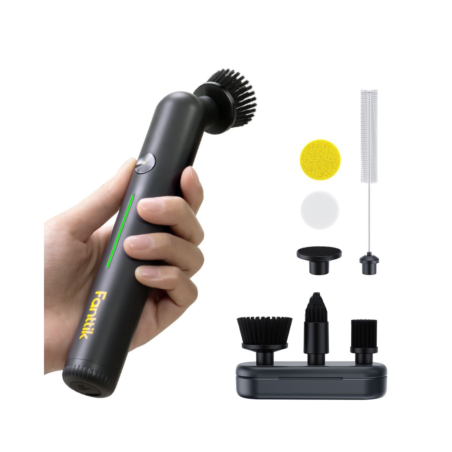 Fanttik G9 Nano electric spin scrubber in hand with multiple brush heads and cleaning accessories