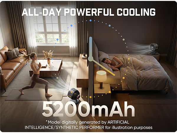 Living room with a person exercising and another lying in bed, with text about all-day powerful cooling and 5200mAh battery capacity.
