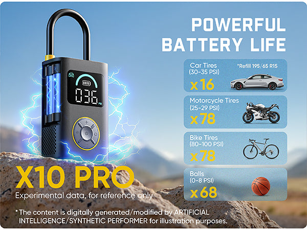 A promotional graphic for a portable air pump labeled 'X10 PRO' with a large black-and-gray pump body, blue glowing accents, and a black hose. The background is a rocky outdoor scene with lightning effects and text advertising 'POWERFUL BATTERY LIFE' plus usage examples for car tires, motorcycle tires, bike tires, and balls.