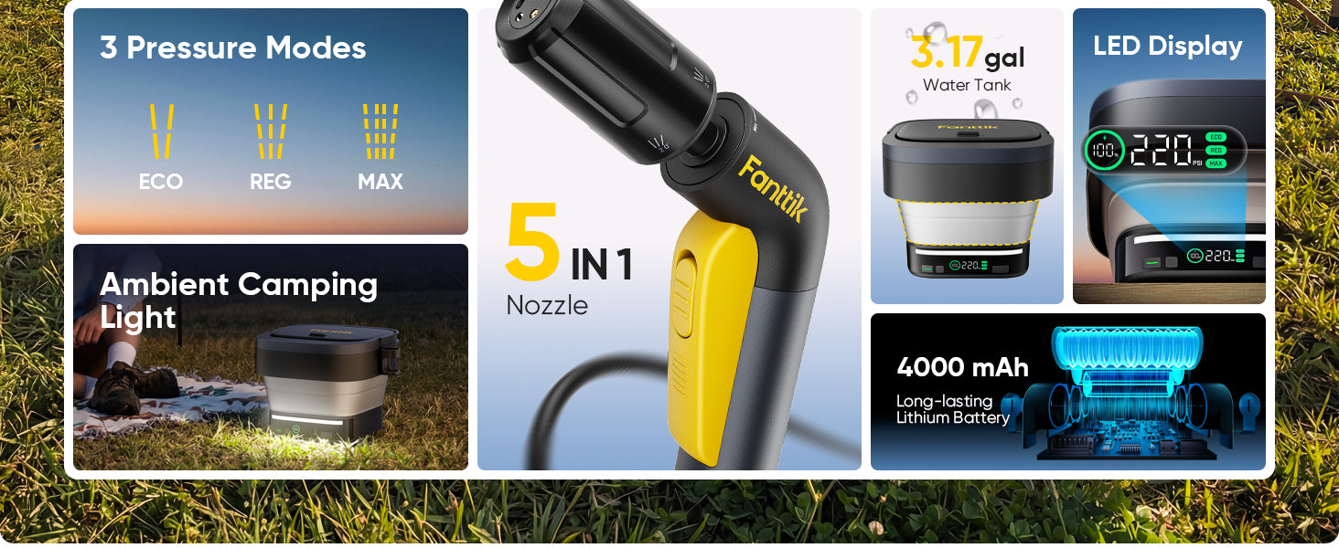 Fanttik NB10 Fold Cordless Electric Pressure Washer, Foldable Sprayer Washer w/3.2gal Tank, HD LED Display, 5-in-1 Nozzle, Max 220PSI, with Camping Light, Type-C Charging, for Patio, Camping