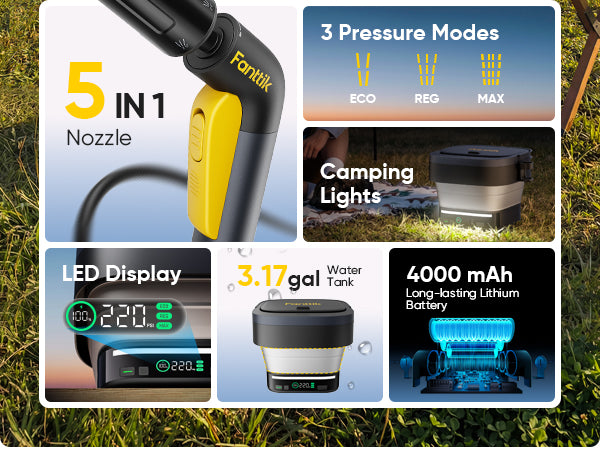 Fanttik NB10 Fold Cordless Electric Pressure Washer, Foldable Sprayer Washer w/3.2gal Tank, HD LED Display, 5-in-1 Nozzle, Max 220PSI, with Camping Light, Type-C Charging, for Patio, Camping