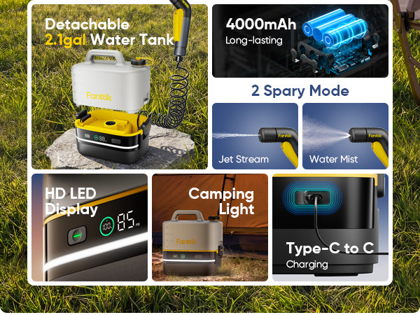 Fanttik NB10 Nano Portable Cordless Electric Sprayer w/2.1Gal Tank, HD LED Display, 4000mAh Lithium Battery, with Camping Ambient Light, Portable Pressure Washer for Outdoor & Indoor Cleaning