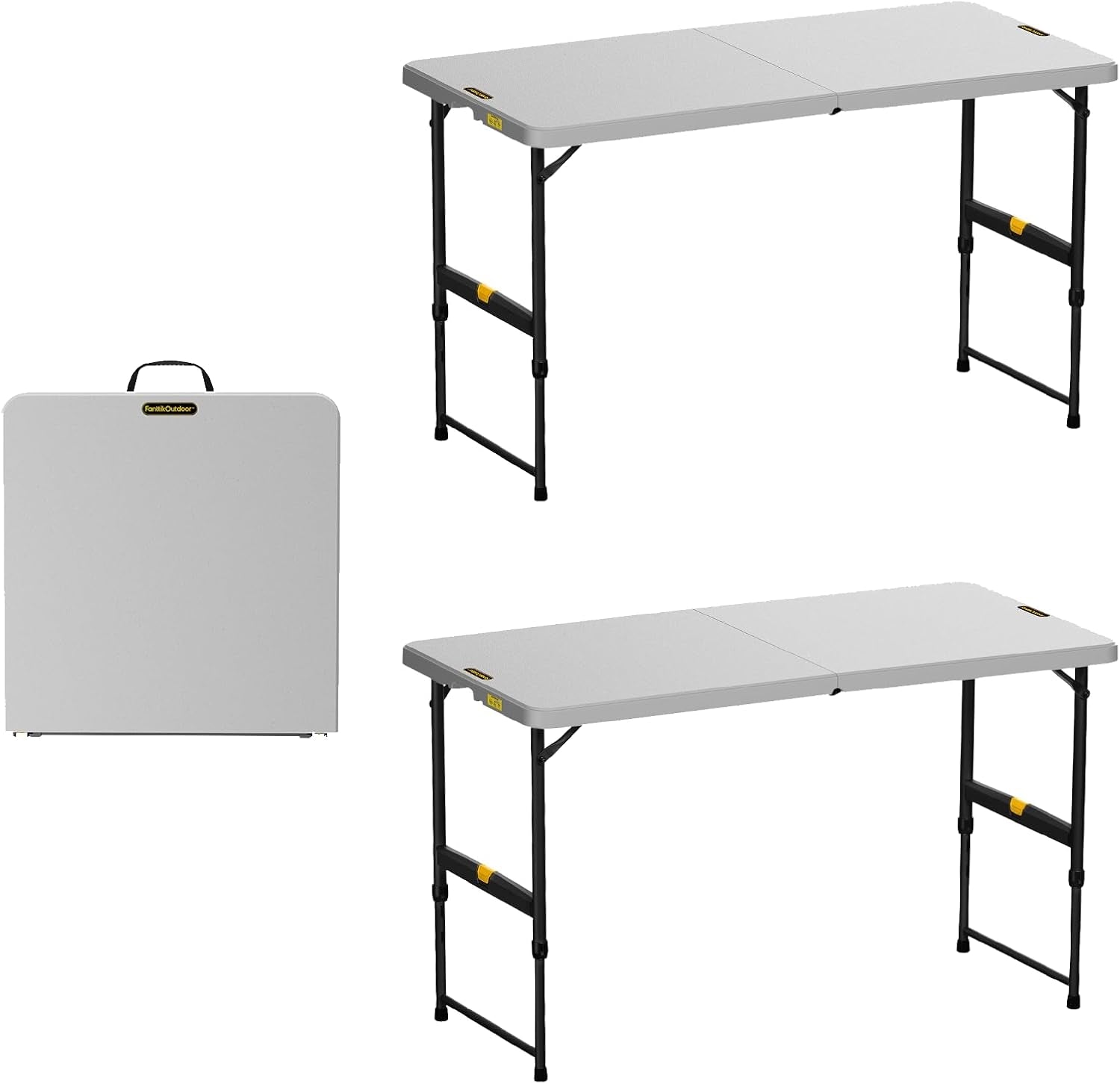 FanttikOutdoor Zeta X4 Pro 4ft white folding table, one folded, one unfolded. Features adjustable height and portability.
