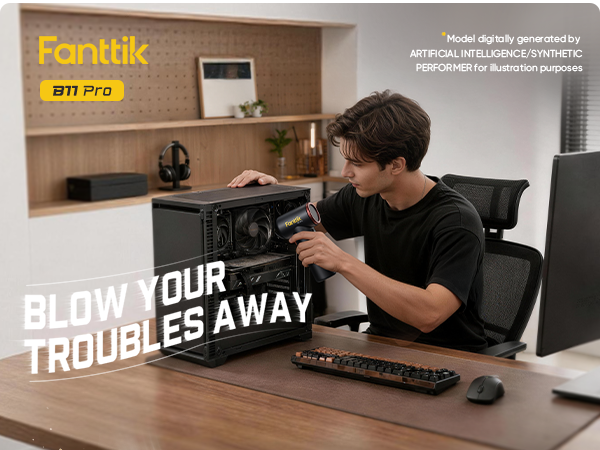 A man in a black t-shirt sits at a wooden desk in a home office environment, opening the side panel of a black PC case to show internal components. The scene features promotional text overlays for 'Fanttik B11 Pro' and 'BLOW YOUR TROUBLES AWAY', along with a keyboard, mouse, and computer monitor on the desk.