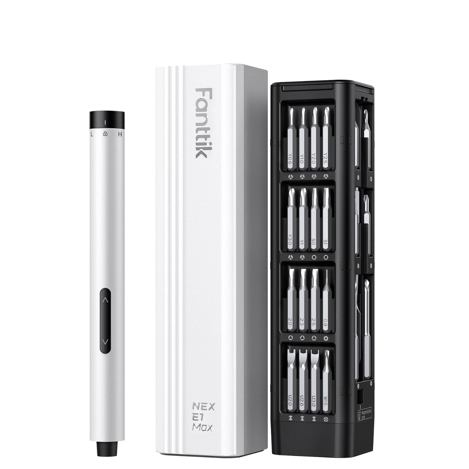 A White Fanttik E1 MAX Precision Electric Screwdriver, featuring a slim white battery pen with multiple screwdriver bits on the right.