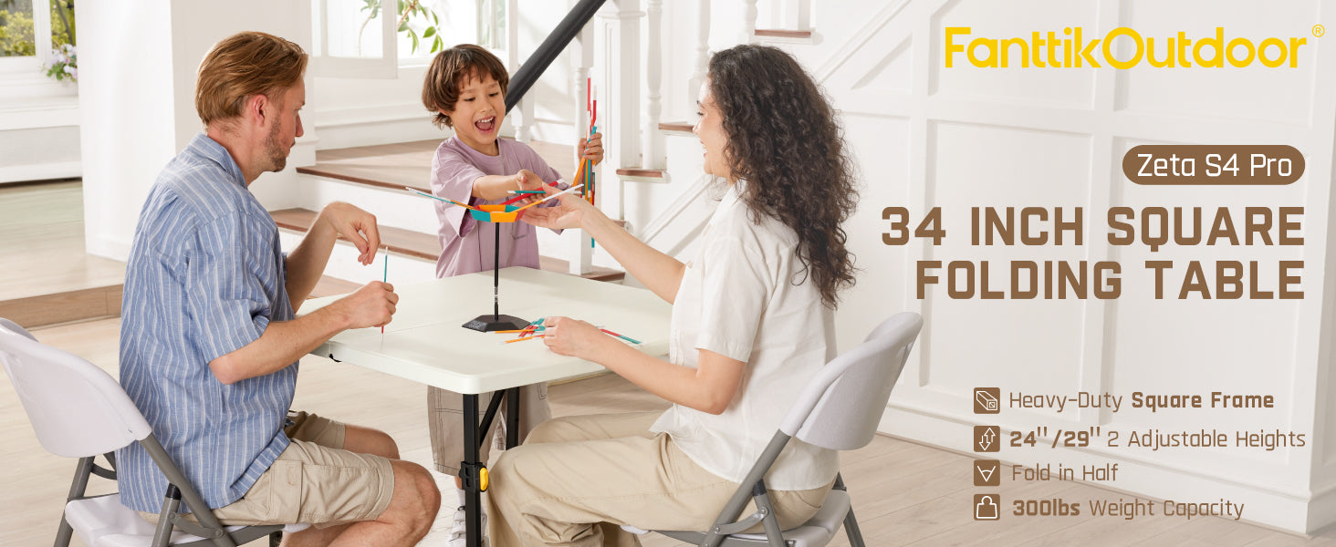 FanttikOutdoor 34" Square Folding Card Table, Two Heights Adjustable, Max Load 300 lbs, Portable Table with Lock Button, for Indoor/Outdoor, Home, Parties, Picnics, Puzzle