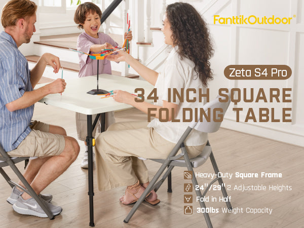 FanttikOutdoor 34" Square Folding Card Table, Two Heights Adjustable, Max Load 300 lbs, Portable Table with Lock Button, for Indoor/Outdoor, Home, Parties, Picnics, Puzzle