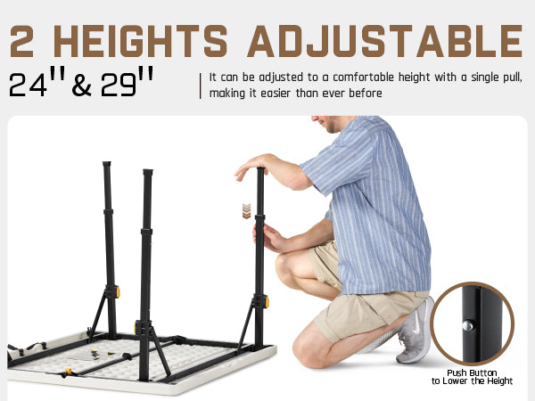 FanttikOutdoor 34" Square Folding Card Table, Two Heights Adjustable, Max Load 300 lbs, Portable Table with Lock Button, for Indoor/Outdoor, Home, Parties, Picnics, Puzzle