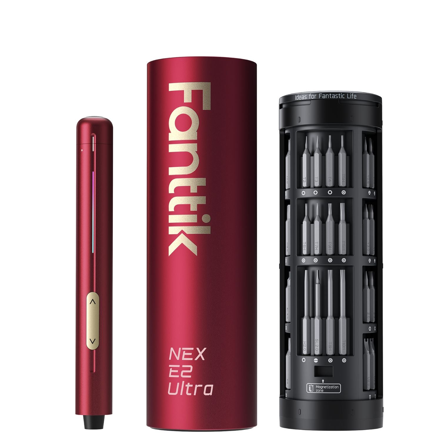 A Fanttik E2 Ultra Precision Electric Screwdriver shown on a white background, including the red cylindrical battery, a slim red battery pack, and a black cylindrical battery holder containing multiple silver and black screwdriver bits.