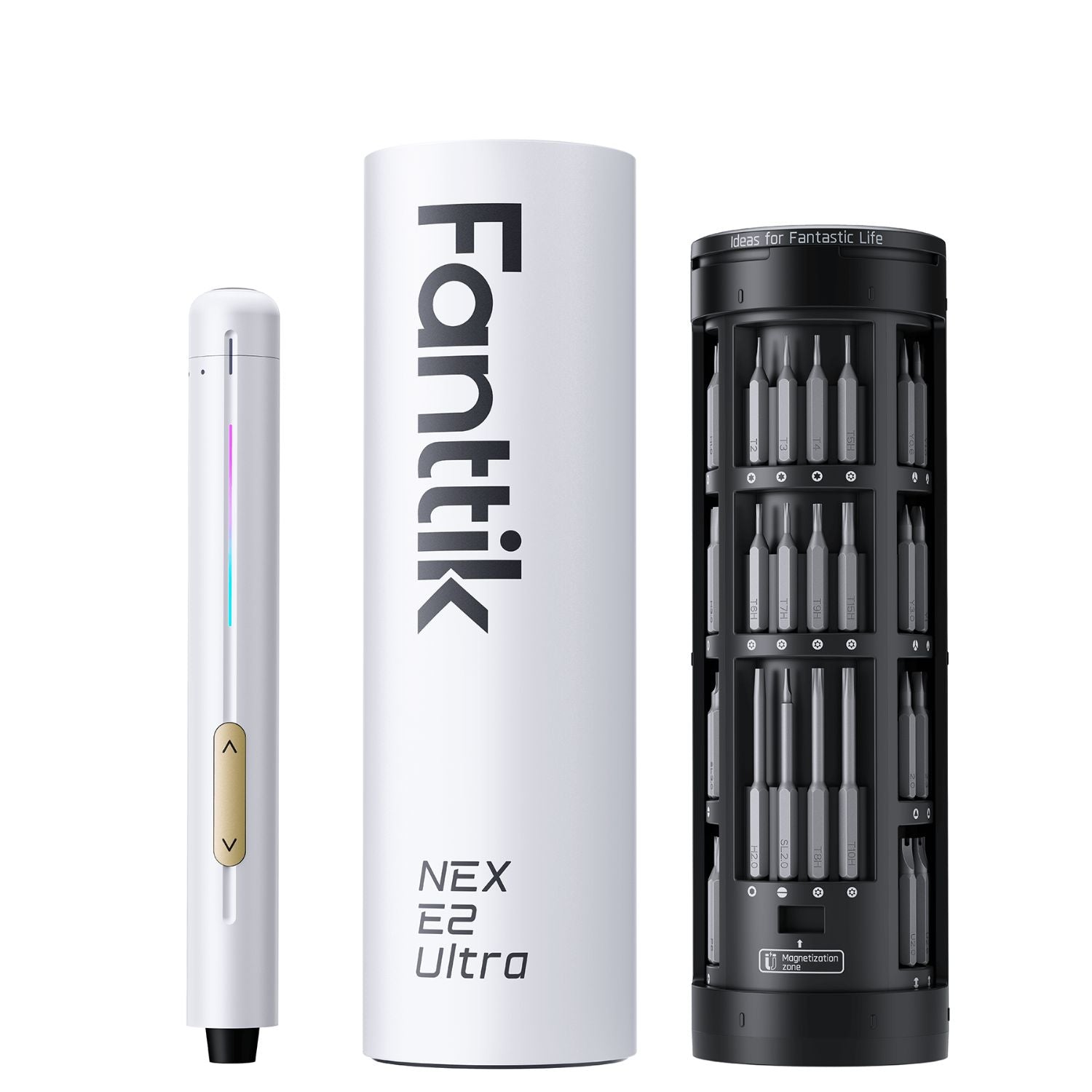 A white Fanttik E2 Ultra Precision Electric Screwdriver with a gold button and a rainbow light strip, shown next to its white cylindrical packaging tube and a black cylindrical case containing multiple gray applicator tips. The tube displays the brand name 'Fanttik' and the model 'NEX E2 Ultra'.