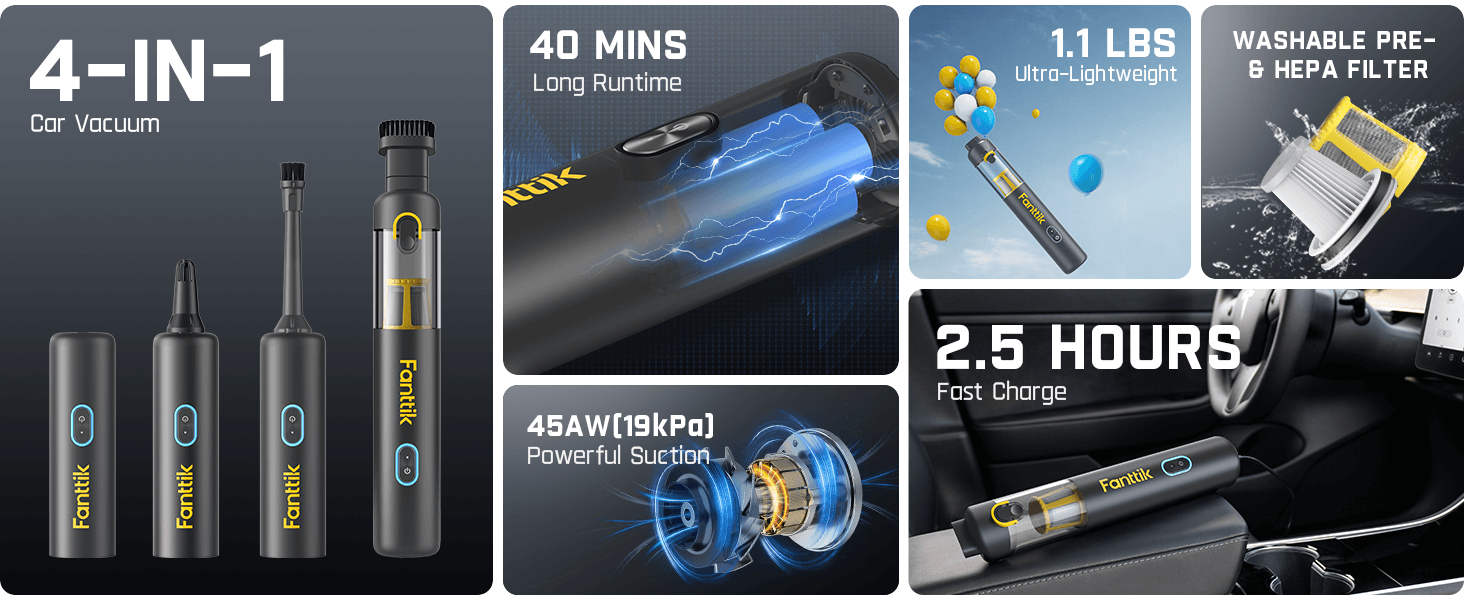 Fanttik Slim V8 Apex Car Vacuum, 19000PA High Power, 4 in 1 Portable Mini Vacuum, 2.5H Type-C Fast Charge, 40 Mins Runtime, RobustClean™ Handheld Vacuum for Car, Home, Keyboard Cleaning