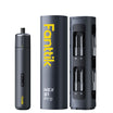 A dark gray Fanttik S1 Pro Cordless Electric Screwdriver shown next to its matching cylindrical carrying case and a second side view of the case on a plain white background.