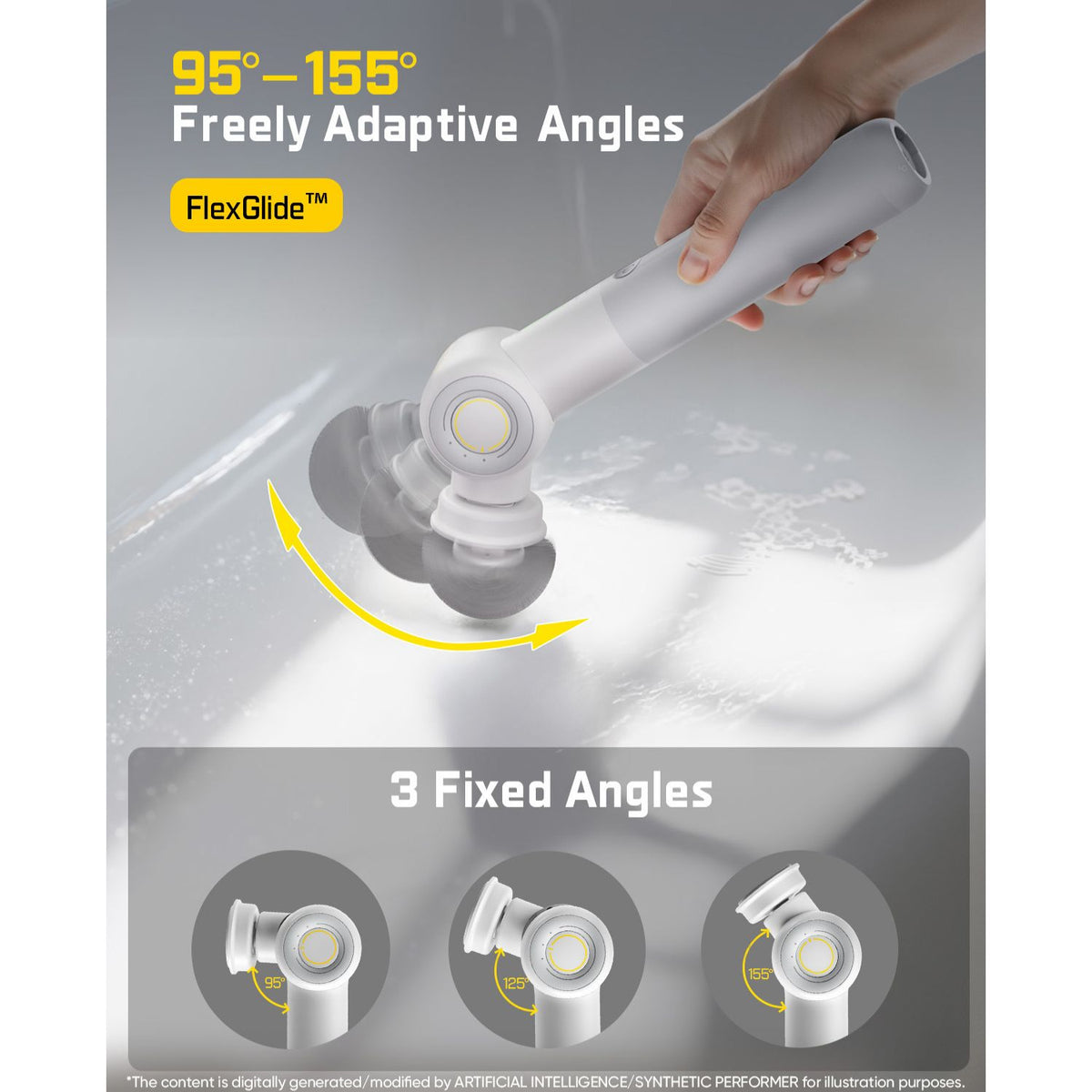 White G9 Pro Electric Spin Scrubber shown being held in a hand over a white sink, with marketing text reading '95°-155° Freely Adaptive Angles' and 'FlexGlide™', plus a bottom panel showing three fixed angles.