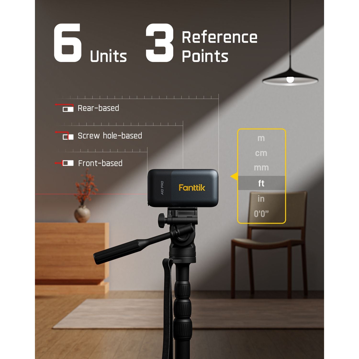 Fanttik A10 Pro: 6 units, 3 reference points (Front, Rear, Screw hole). Unit selection shows mm.