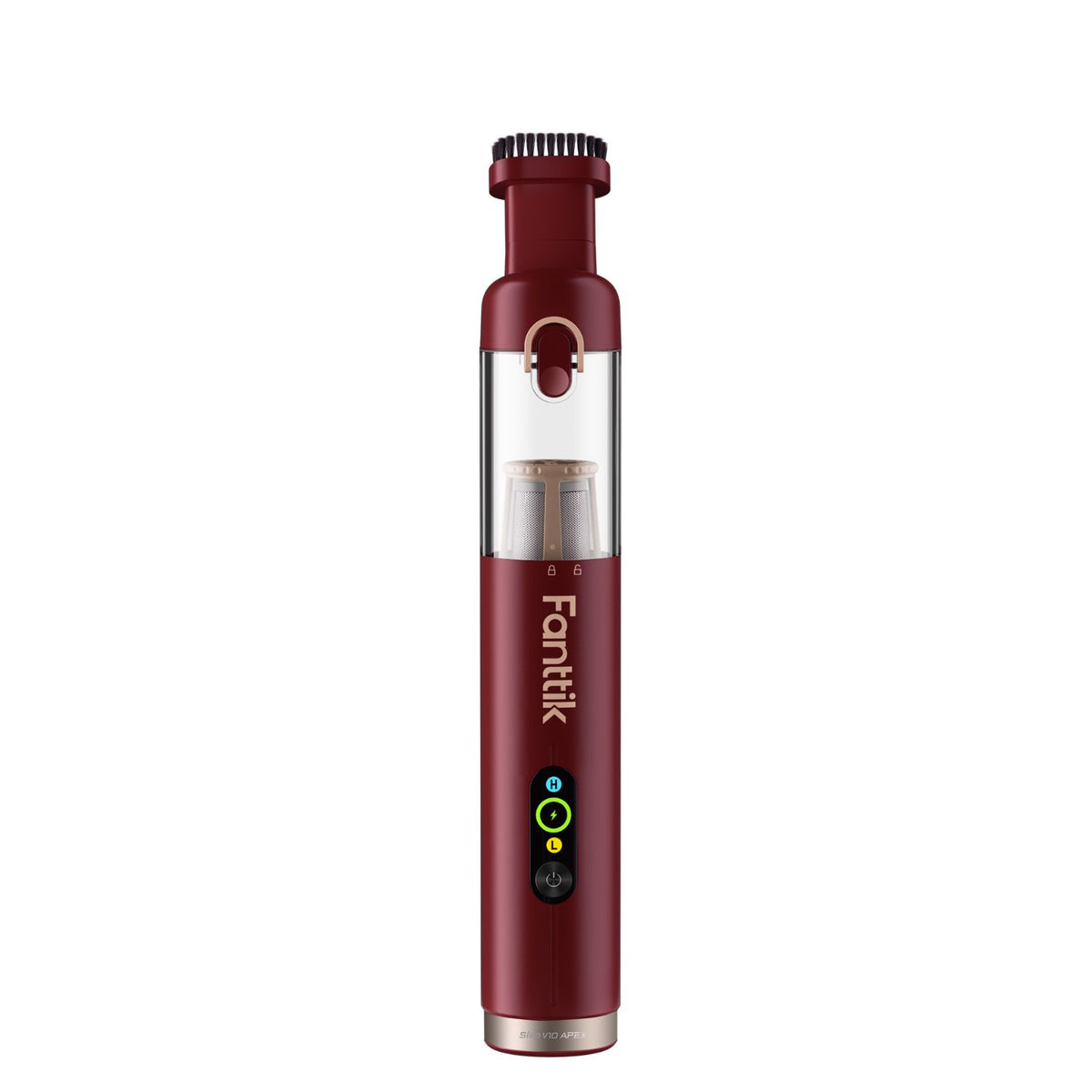 Red Fanttik Slim V10 Apex cordless car vacuum with clear dustbin and brush attachment