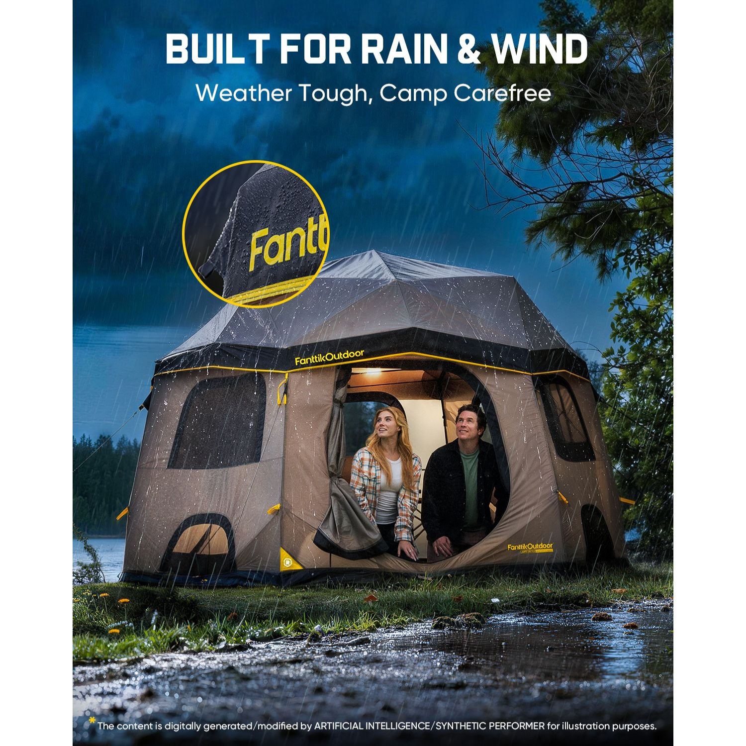 A pop-up camping tent with a gray and brown exterior and yellow accents, shown in a rainstorm at night with two people standing inside the open front. The image includes marketing text at the top: 'BUILT FOR RAIN & WIND' and 'Weather Tough, Camp Carefree,' plus a circular inset highlighting the tent's rainfly material.